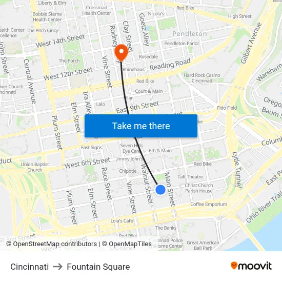 Cincinnati to Fountain Square map