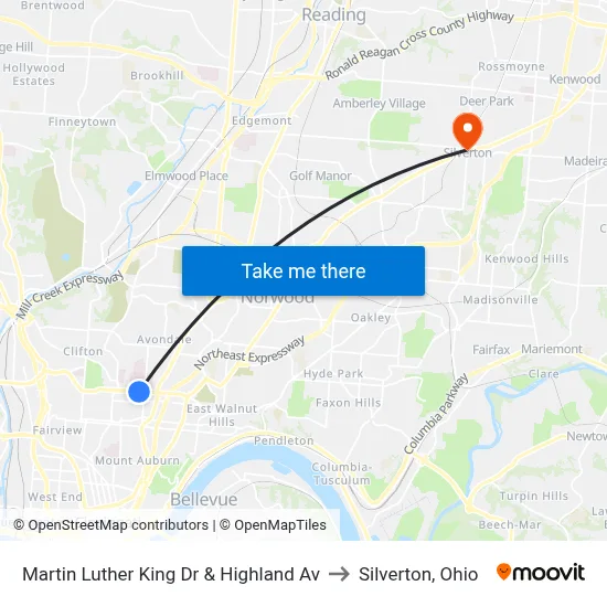 Martin Luther King Dr & Highland Av to Silverton, Ohio map
