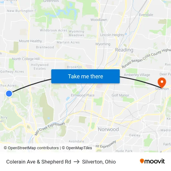 Colerain Ave & Shepherd Rd to Silverton, Ohio map