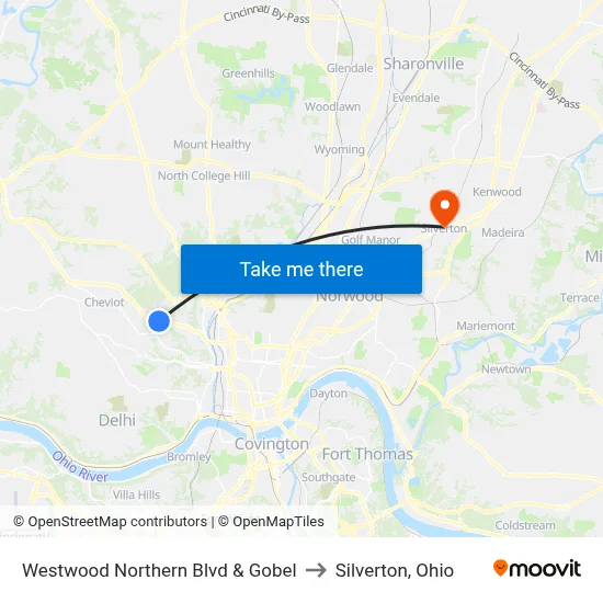 Westwood Northern Blvd & Gobel to Silverton, Ohio map