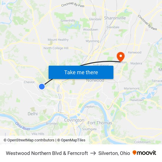 Westwood Northern Blvd & Ferncroft to Silverton, Ohio map
