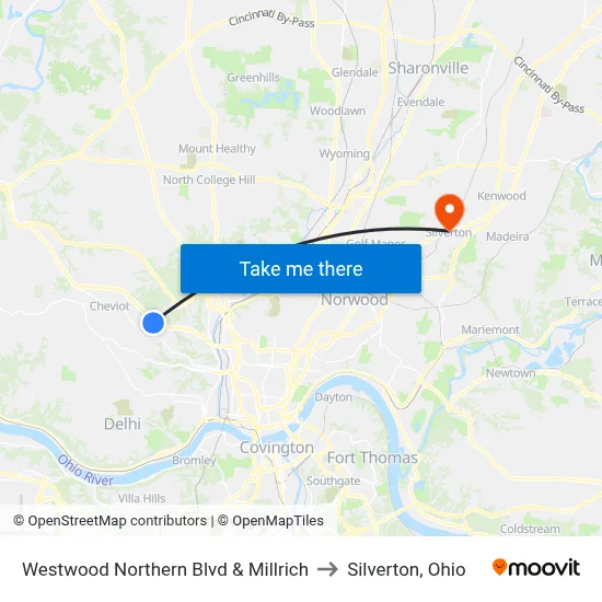 Westwood Northern Blvd & Millrich to Silverton, Ohio map