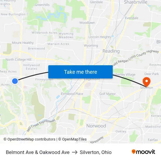 Belmont Ave & Oakwood Ave to Silverton, Ohio map