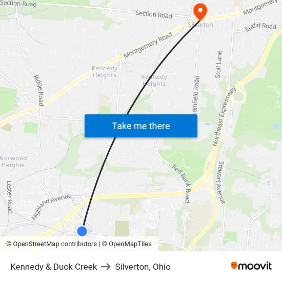 Kennedy & Duck Creek to Silverton, Ohio map