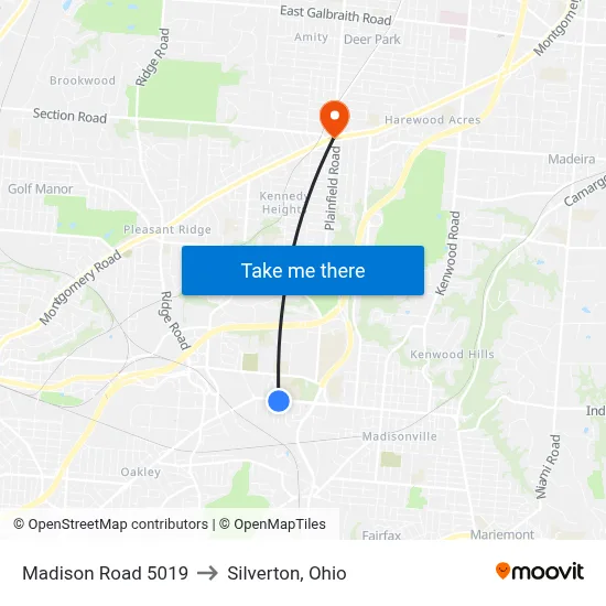 Madison Road 5019 to Silverton, Ohio map