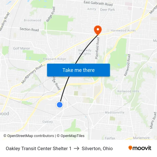 Oakley Transit Center Shelter 1 to Silverton, Ohio map