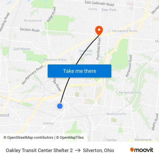 Oakley Transit Center Shelter 2 to Silverton, Ohio map
