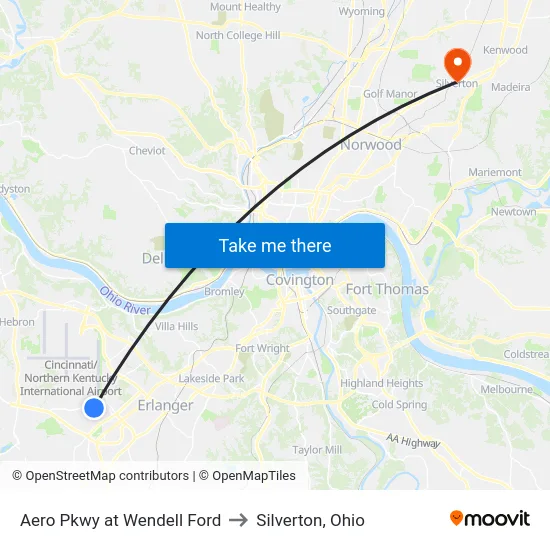 Aero Pkwy at Wendell Ford to Silverton, Ohio map