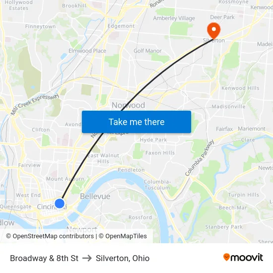 Broadway & 8th St to Silverton, Ohio map