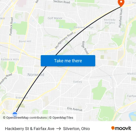 Hackberry St & Fairfax Ave to Silverton, Ohio map