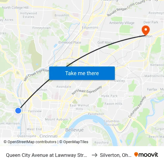 Queen City Avenue at Lawnway Street to Silverton, Ohio map