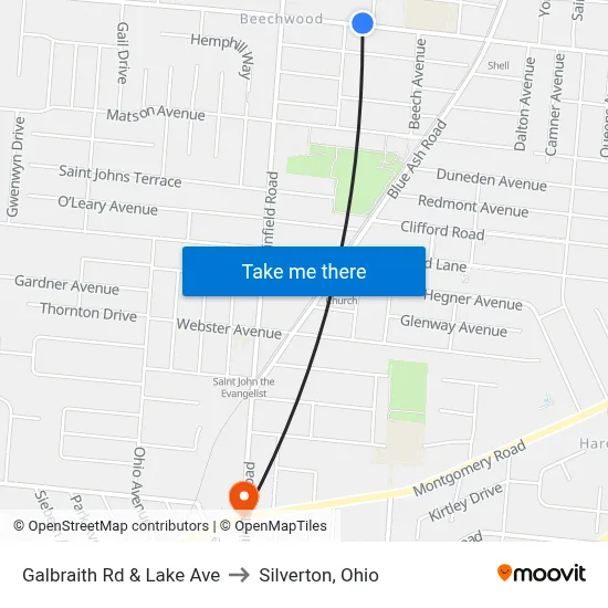 Galbraith Rd & Lake Ave to Silverton, Ohio map