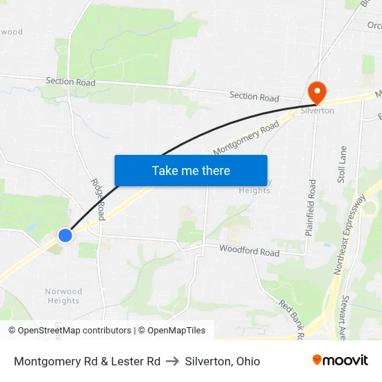 Montgomery Rd & Lester Rd to Silverton, Ohio map