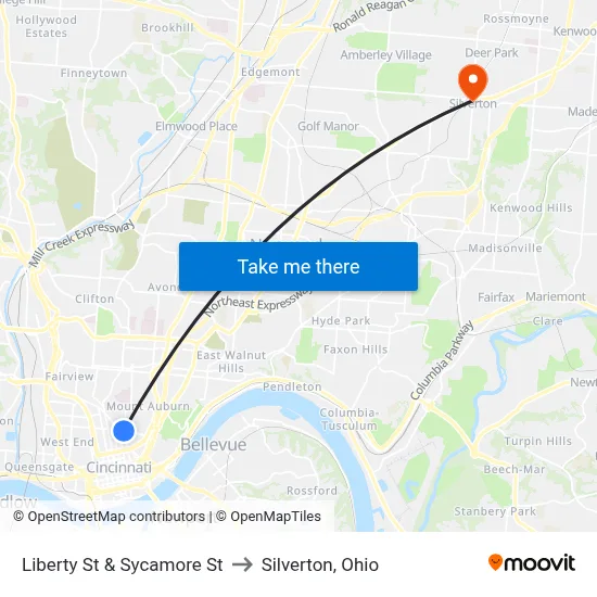 Liberty St & Sycamore St to Silverton, Ohio map