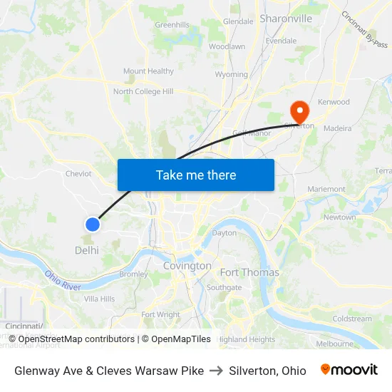 Glenway Ave & Cleves Warsaw Pike to Silverton, Ohio map
