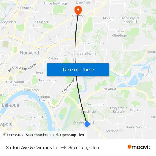 Sutton Ave & Campus Ln to Silverton, Ohio map