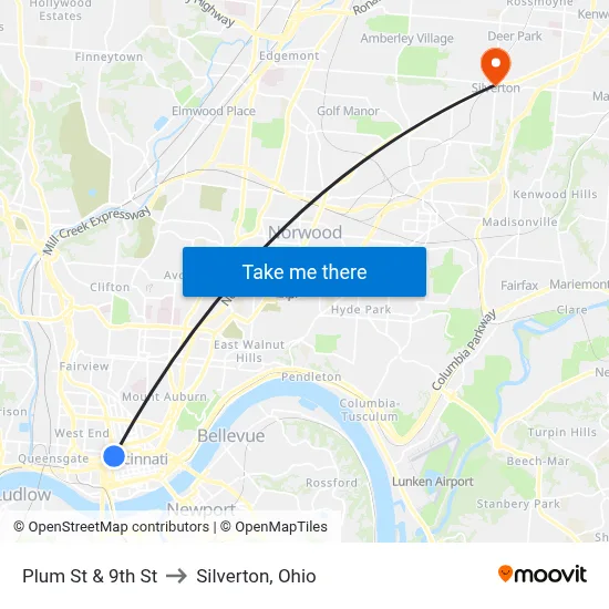 Plum St & 9th St to Silverton, Ohio map