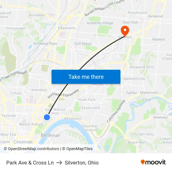 Park Ave & Cross Ln to Silverton, Ohio map