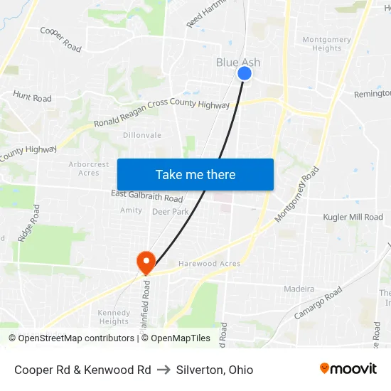 Cooper Rd & Kenwood Rd to Silverton, Ohio map