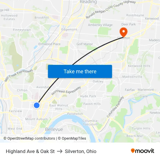 Highland Ave & Oak St to Silverton, Ohio map