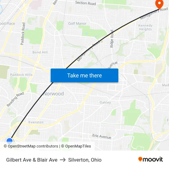 Gilbert Ave & Blair Ave to Silverton, Ohio map