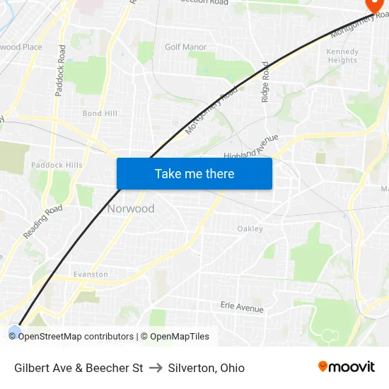 Gilbert Ave & Beecher St to Silverton, Ohio map
