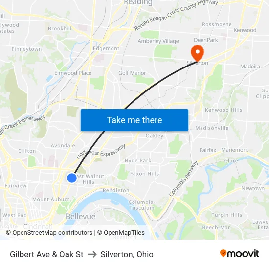 Gilbert Ave & Oak St to Silverton, Ohio map