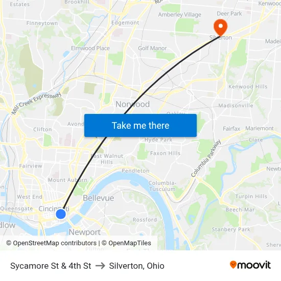 Sycamore St & 4th St to Silverton, Ohio map