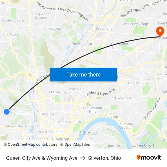 Queen City Ave & Wyoming Ave to Silverton, Ohio map
