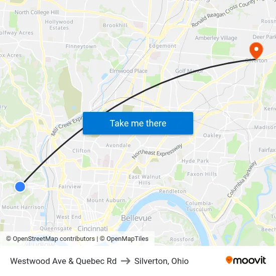Westwood Ave & Quebec Rd to Silverton, Ohio map