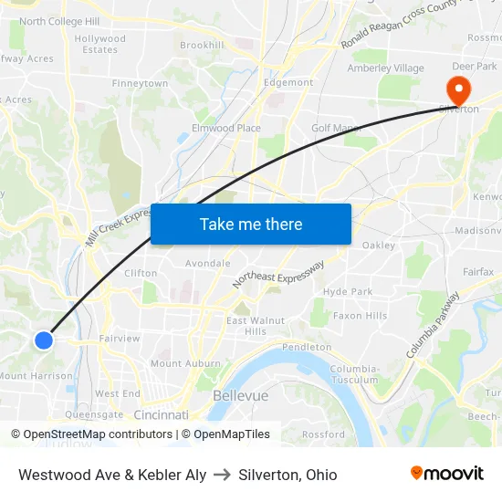 Westwood Ave & Kebler Aly to Silverton, Ohio map