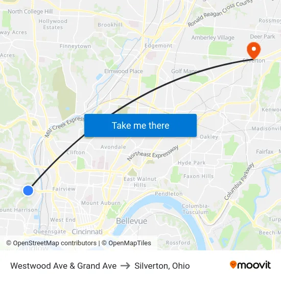 Westwood Ave & Grand Ave to Silverton, Ohio map