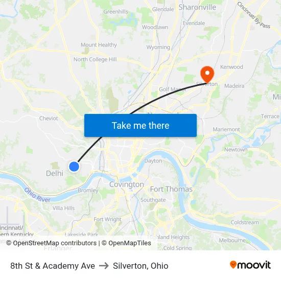 8th St & Academy Ave to Silverton, Ohio map