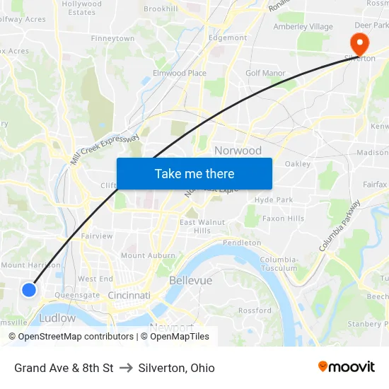 Grand Ave & 8th St to Silverton, Ohio map