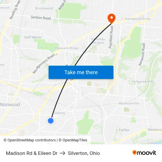 Madison Rd & Eileen Dr to Silverton, Ohio map