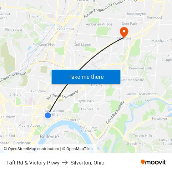 Taft Rd & Victory Pkwy to Silverton, Ohio map
