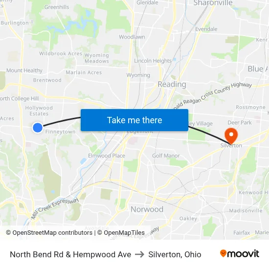 North Bend Rd & Hempwood Ave to Silverton, Ohio map