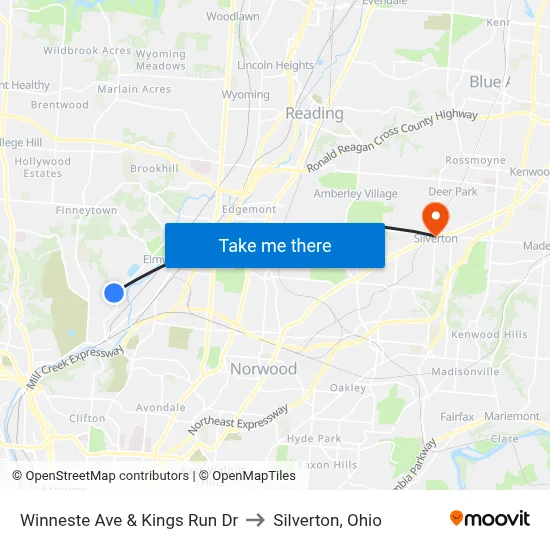 Winneste Ave & Kings Run Dr to Silverton, Ohio map