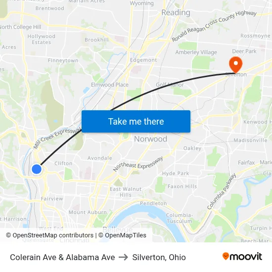 Colerain Ave & Alabama Ave to Silverton, Ohio map
