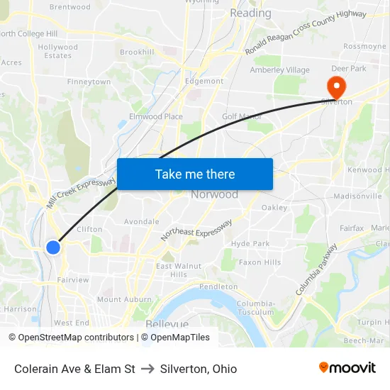 Colerain Ave & Elam St to Silverton, Ohio map