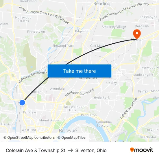 Colerain Ave & Township St to Silverton, Ohio map