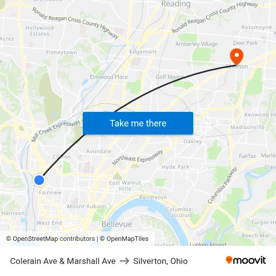 Colerain Ave & Marshall Ave to Silverton, Ohio map