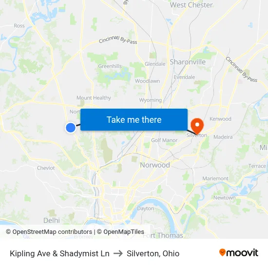 Kipling Ave & Shadymist Ln to Silverton, Ohio map