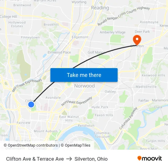 Clifton Ave & Terrace Ave to Silverton, Ohio map