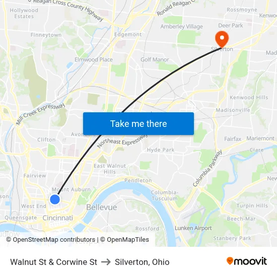 Walnut St & Corwine St to Silverton, Ohio map