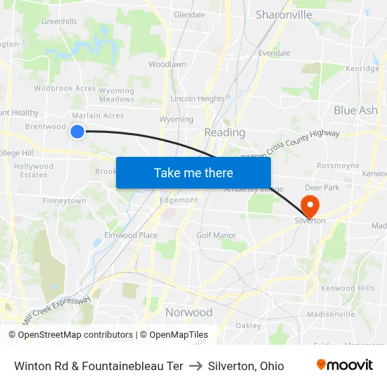 Winton Rd & Fountainebleau Ter to Silverton, Ohio map