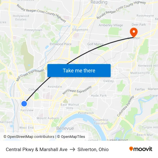 Central Pkwy & Marshall Ave to Silverton, Ohio map