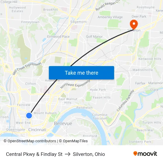 Central Pkwy & Findlay St to Silverton, Ohio map