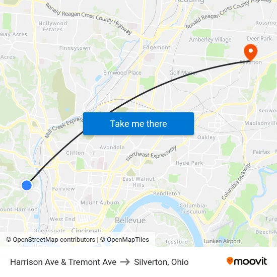Harrison Ave & Tremont Ave to Silverton, Ohio map