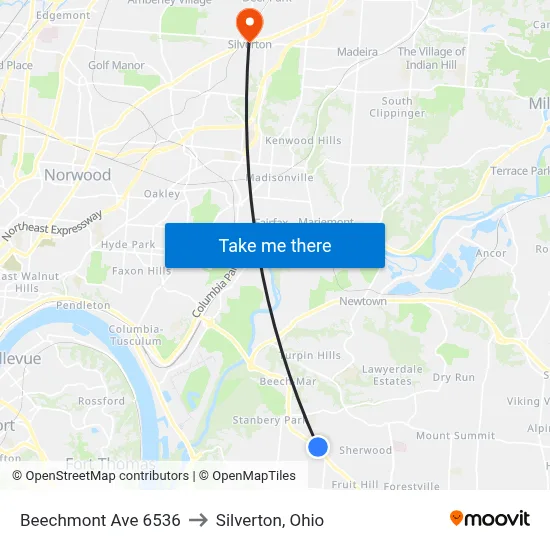 Beechmont Ave 6536 to Silverton, Ohio map